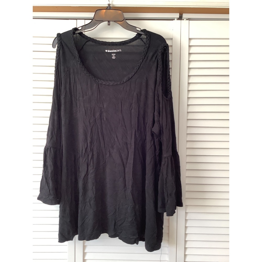Denim247 Black Cold Shoulder Bell Sleeve Tunic Top Plus Size 1X 22/24 prairie‎